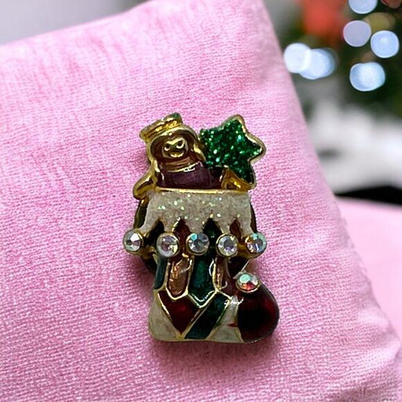 90s Glitter Stocking Christmas Pin, Good Condition, 0.5" x 0.75" - Picture 1 of 6